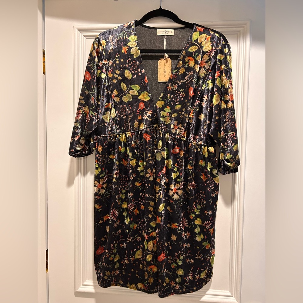 Floral Velvet V-Neck Women’s Dress - Black with Multicolor Floral